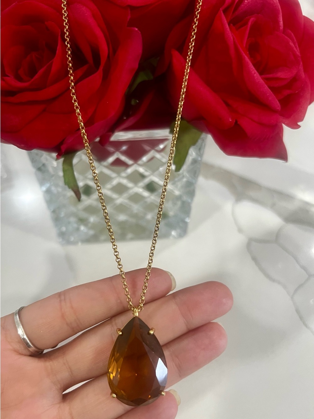 Vintage Monet Amber Glass Teardrop Statement Necklace Gold Tone